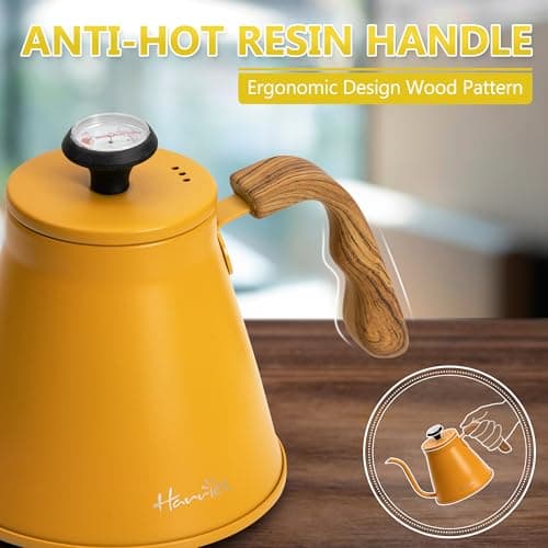 Harriet Gooseneck Kettle with Thermometer for Pour Over Coffee and Tea, 37 fl oz, Stainless Steel, Durable 3-Layer Base, Ideal Spout for Precision Pouring, Compatible with all Stove Tops, Yellow 2