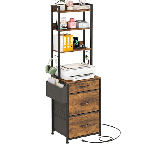 GYIIYUO 3 Drawer Tall File Cabinet with Charging Station, 4-Tier Filing Cabinet with Adjustable Shelf, Fabric Drawer, File Cabinet for Home Office, Fits A4/Letter/Legal, Rustic Brown, 69''H