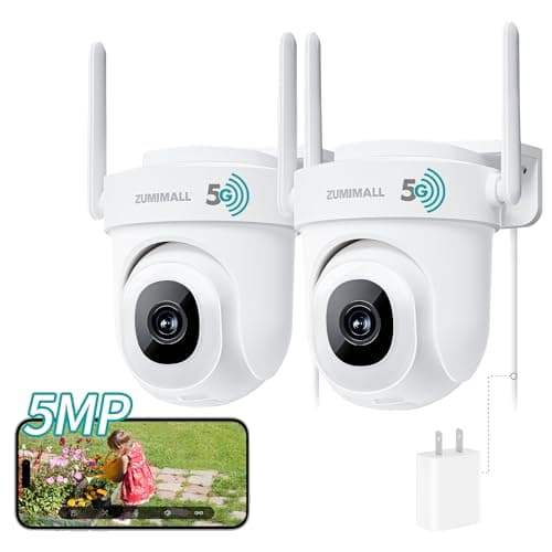 ZUMIMALL 5MP Outdoor Camera 2-Pack - 24/7 Recording Wired Power, Support 5GHz WiFi | Motion & Noise Detection, 360° PTZ Auto Tracking, Color Night Vision | IP66, Alexa Google Compatible