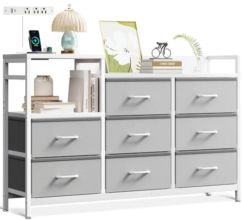 ODK Dresser with Charging Station, 52-Inch Long Dresser for Bedroom with 8 Storage Drawers, Fabric Dressers Chests of Drawers with Sturdy Steel Frame and Wooden Top, White and Light Grey