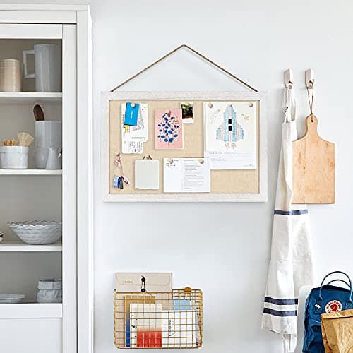 Miratino 2-Pack Cork Board with Linen 16x11 inch Bulletin Board Office Decor Hanging Pin Wood Framed Display Picture Vision Board Light for Wall School Office Bedroom 20-Pushpin Vintage White 6