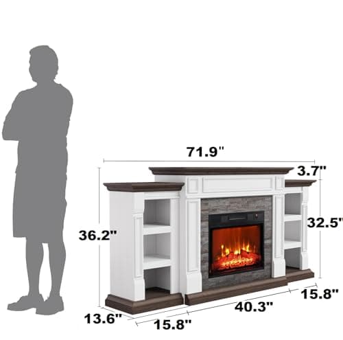 Naice 72" Electric Fireplace with Mantel and Cabinets, Fireplace TV Stand for Living Room Bedroom, Stacked Stone Surround and Remote Control 3D Realistic Flame 7