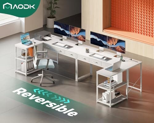 AODK 53 Inch L Shaped Computer Desk with Drawers, Corner Desk with Power Outlets & Reversible Storage Shelves, for Home Office Gaming, White 7