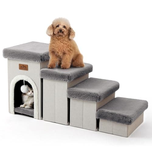 COZY KISS Dog Stairs for Small Dogs with Storage and Condo, 17.5" H Foldable Pet Stairs for Small Medium or Puppy Dogs and Older Cats, Dog Steps for Bed or Couch, 13x35x17.5 inch, 4 Tiers, Grey