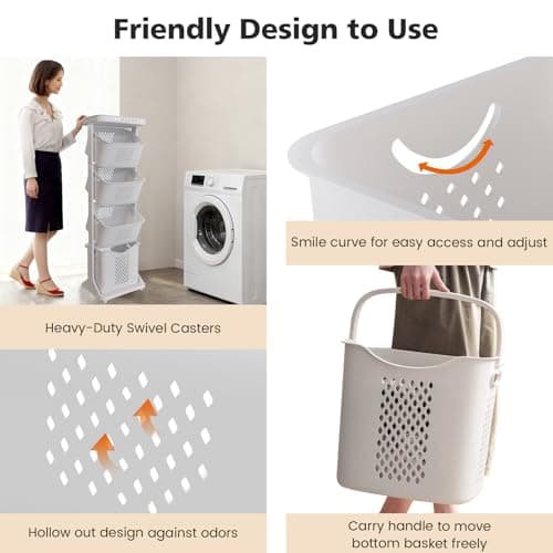 BAOKALER 4-Tier Laundry Hamper Sorter, Vertical Rolling Laundry Baskets with Wheels Removable, Stackable Laundry Cart Organizer and Storage for Small Space, Dorm, Closet, Bathroom 4
