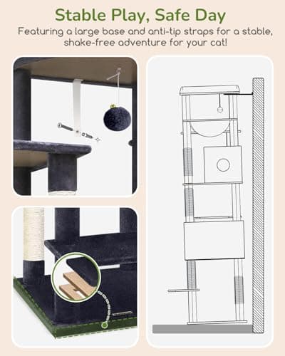 Globlazer Heavy Duty Cat Tree, 74in Sturdy Cat Tower for Large Cats Adult, Big Cat Tree with 7 Sisal Scratching Posts, 2 Padded Condos, 2 Dual-Ear Hanging Baskets, Enlarged Top Perch, S74, Dark Grey 5