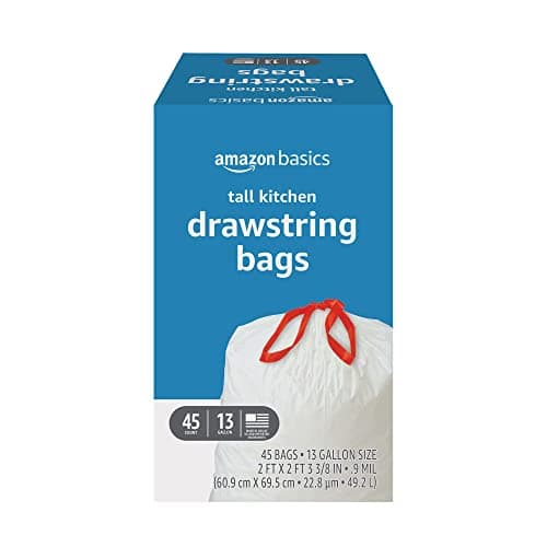 Amazon Basics Tall Kitchen Drawstring Trash Bags, 13 Gallon, Unscented, 45 Count