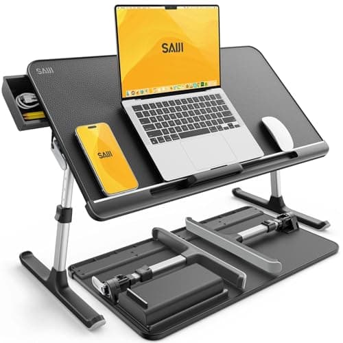SAIJI Laptop Bed Tray Table, Adjustable PVC Leather Laptop Bed Table, Portable Standing Desk with Storage Drawer, Foldable Lap Tablet Table for Sofa Couch Floor (Dark Black)