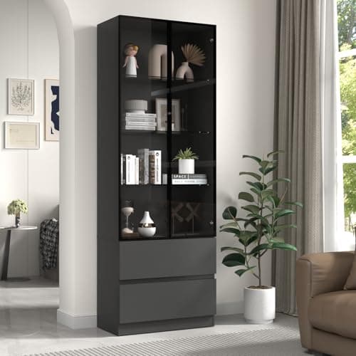 ZORPLIX Glass Display Cabinet with LED Lights, Display Cabinet with 2 Glass Doors, Storage Cabinet with 4 Adjustable Shelves and 2 Drawer, Curio Cabinet for Collectibles, Living Room 9