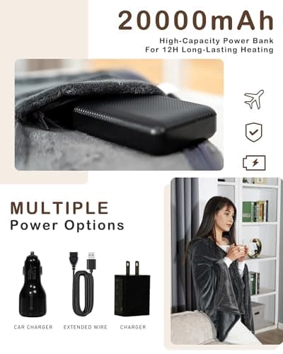 MIMYTH Cordless Heated Blanket, Cozy Portable Heated Blanket Battery Operated w/Hoodie, 3 Temp, 20000 mAh, Camping Wearable Heating Blanket for Car, Heated Throw Cordless 5