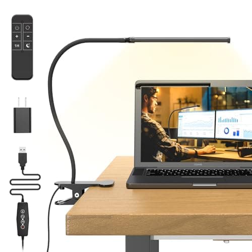 Mojimdo Desk Lamp with Remote, 3 Color & 5 Brightness & 77LED Dimmable Reading Lamp, 15.7'' Flexible Gooseneck Clamp Lamp, Eye-Caring Clip on Light with Adapter for Reading Study Workbench Drafting