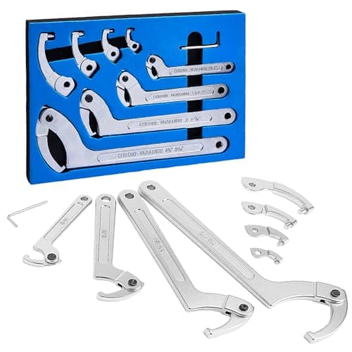KOOPOOL Adjustable Pin Spanner Wrench Set, 9pcs C Spanner Nut Wrench Tools with Changeable Round Heads, Coilover Hook Wrenches for Suspension System, Bearings, 3/4" to 6-7/10"