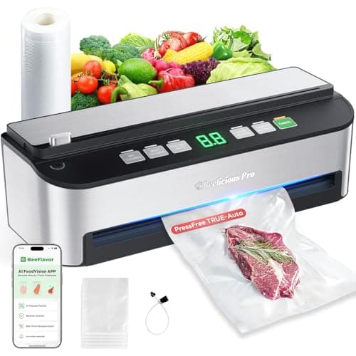 Vacuum Sealer Machine, Beelicious 85KPA Fully Automatic 8-IN-1 Food Sealer with Bags Storage, Build-in Cutter, Moist Mode, Air Suction Hose