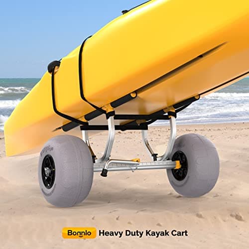 Bonnlo Kayak Cart Beach Wheels, Width Adjustable 6.3"-18.7" Universal Canoe Dolly Heavy Duty Kayak Trolley with 12" Balloon Tires, Kickstand, and Free Pump, Sturdy 330 Lb Weight Capacity 5