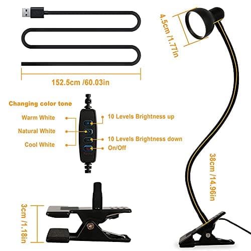 LiFMIRA Clip-on Reading Light - 3 Color Modes, 10 Dimmable Brightness, Eye Care Clamp Desk Lamp with Flexible Gooseneck for Reading in Bed, Desk, Headboard, Computer 7
