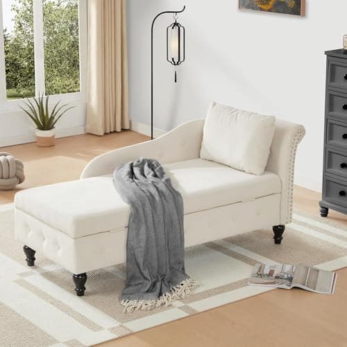 Iroomy Chaise Lounge Indoor with Storage, Upholstered Chaise Lounges Couch with Pillow for Living Room, Modern Nailhead-Trimmed Tufted Lounge Chair, Bedroom and Office, Beige, Left Armrest 5