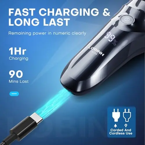 LOBINH Electric Shaver for Men, 100% Washable Rechargeable Waterproof Electric Razor Wet & Dry Shaving with Pop-up Trimmer, 1 Hour Fast Charging, 4D Floating Head, LCD Power Indicator 5