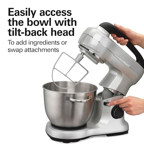 Hamilton Beach Electric Stand Mixer, 4 Quarts, Dough Hook, Flat Beater Attachments, Splash Guard, 7 Speeds with Whisk, Easy-Carry Top Handle, Silver 7
