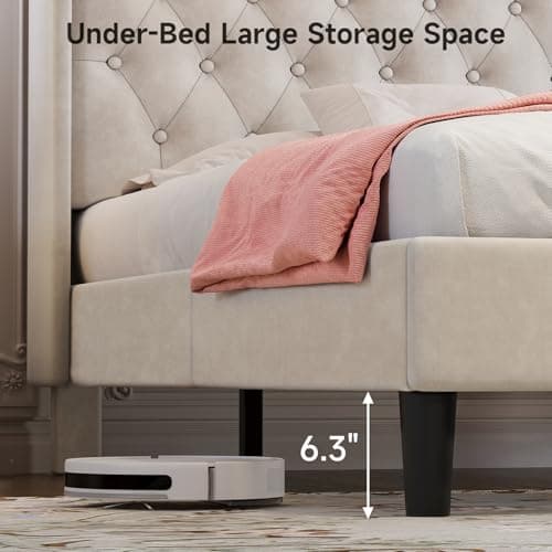 koorlian Queen Bed Frame with Headboard, Adjustable Velvet Upholstered Bed Frame with Type-C&USB Ports, Wingback Storage Headboard, Solid Wood Slats Support, No Box Spring Needed, Noiseless, Beige 8