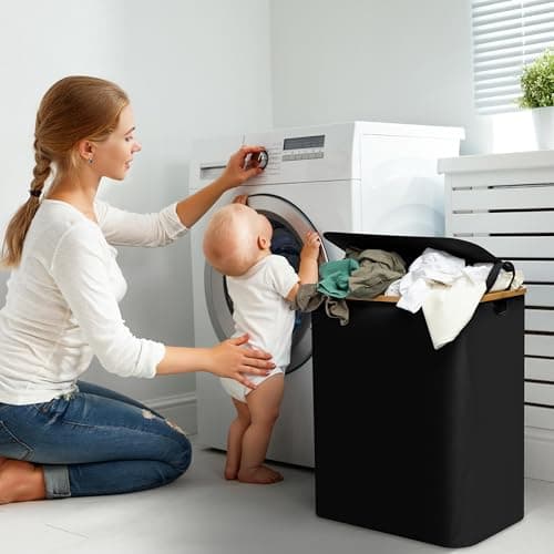 Luxe Laundry Clothing Hamper - 145L XL Laundry Basket with Bamboo Lid & Removable Inner Bag for Dirty Clothes - Free Standing, Tall, Collapsible, High-Capacity & Stylish Design Basket Bin, Black 6