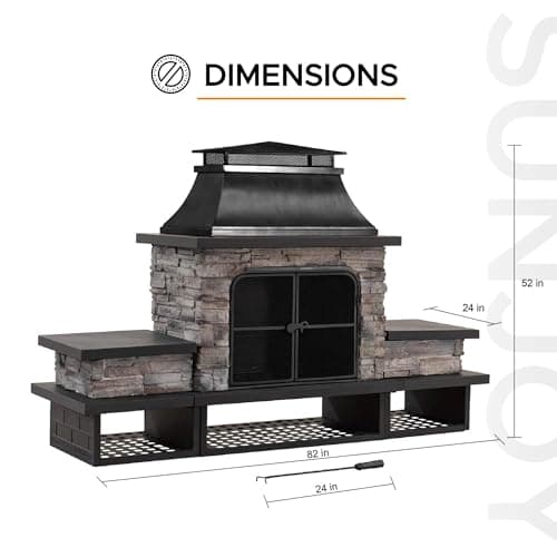 Sunjoy Outdoor Fireplace, Patio Wood Burning Fireplace with Steel Chimney, Mesh Spark Screen Doors, Fire Poker, and Removable Grate, Black 10
