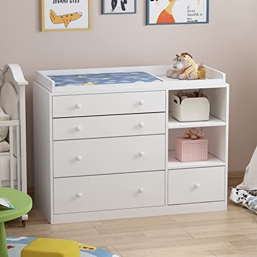 AIEGLE Nursery Baby Dresser, White Bedroom Dresser with 5 Drawers & Storage Shelves, Wood Chest of Drawers Nursery Storage Kids Organizer (47.6" W x 19.7" D x 36.1" H)