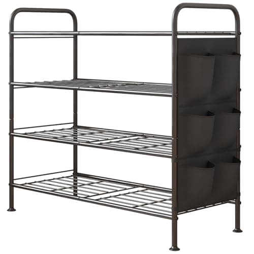 SORCEDAS Shoe Rack 4 Tier Shoe Storage Organizer Metal with Side Pockets for Entryway,Closet,Black