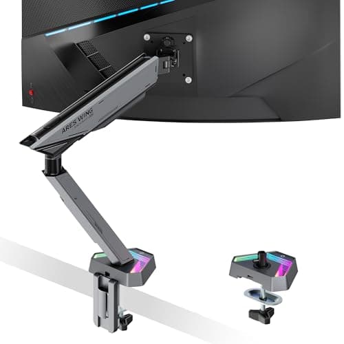 ARES WING RGB Single Monitor Arm Desk Mount for 17-45 inches Flat and Curved Monitors, Holds 35.2 lbs Heavy Duty, Adjustable Ultrawide Monitor Arm with Clamp & Grommet Base, 75/100 VESA Mount, Gray