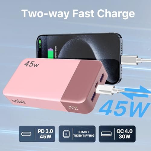 NOBIS Portable Charger, 20000mAh Power Bank, 45W Power Bank Fast Charging, Battery Pack with C to C Cable, Battery Bank with Digital Display for Phone Android Laptop etc (Pink) 5