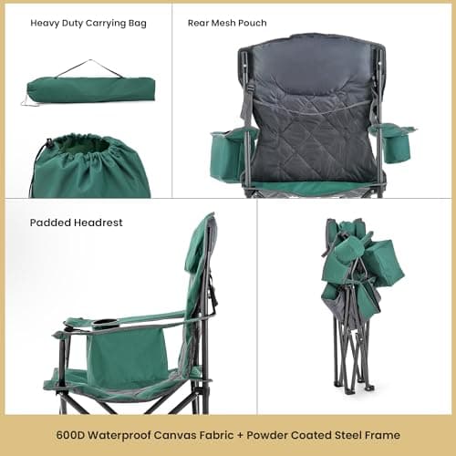 ARROWHEAD OUTDOOR Portable Deluxe Folding Camp Quad Chair w/Headrest, Glass & Cup Holders, Armest 6-can Cooler, Heavy Duty Carry Bag, 550 lbs Weight Capacity 6