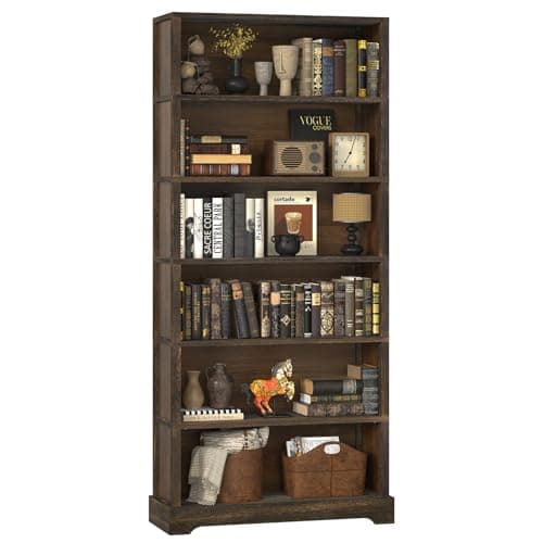 TVU 6-Tier Wooden Book Shelf, Floor-Standing Display Bookcase, 77.2" H x 31.5" W x 11" D Bookshelf, Farmhouse Style Book Case with Arched Base, Suitable for Living Room, Study, Office, Rustic Brown
