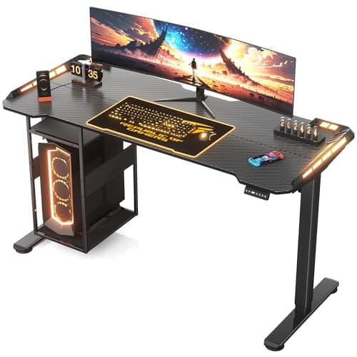 Flycity 49" x 24" Gaming Table with Music Sensing APP Control, Gaming Desk with LED Lights & Host Shelf, Underdesk Cable Storage Electric Standing Desk, Black Carbon Fiber PC Desk for Home Office