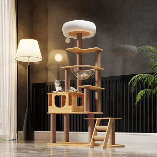 Mekidulu 65-Inch Multi-Pure Wood-Level Cat Tree Tower with Condo, 13 Scratching Posts, with Padded Platform Bed, Toy Balls, and Sisal Scratching,Cat Tree for Indoor Cats Large Adult，Wood cat Tree.