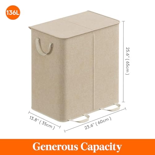 Lifewit Double Laundry Hamper with Lid and Removable Laundry Bags, Large Collapsible 2 Dividers Dirty Clothes Basket with Handles for Bedroom Laundry Room Closet Bathroom College, 136L Beige 5