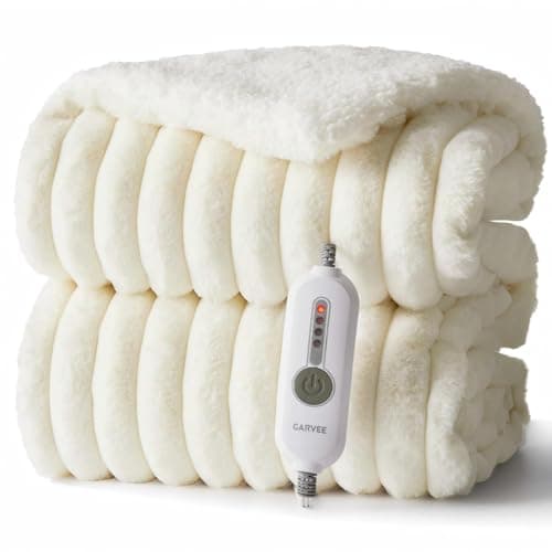 GarveeHome Electric Blanket Heated Throw, Heated Blanket Cozy Faux Rabbit Fur with 4 Heating Levels & 4 Hours Auto Off, Over-Heat Protection, Machine Washable, ETL Certification, Beige White 50"x60"