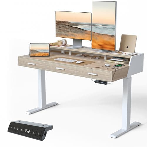FEZIBO Electric Standing Desk 55x26 Inches with 3 Wood Drawers and Monitor Shelf, Height Adjustable Computer Desk, Ergonomic Rising Home Office Desks, Sit Stand Up Workstation Table, Light Walnut
