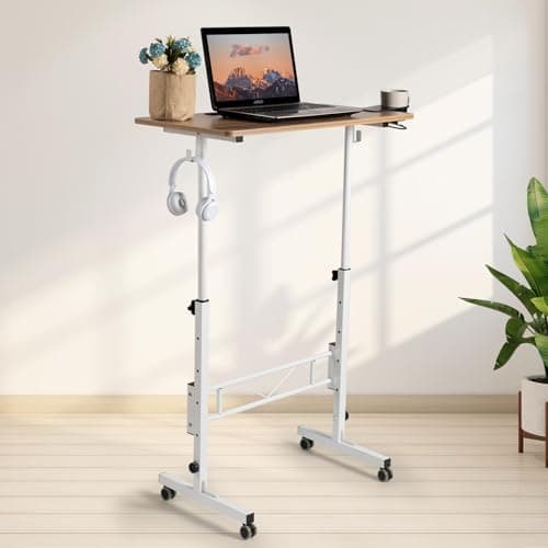 SIDUCAL Portable Standing Desk Adjustable Height, Mobile Stand Up Desk with Wheels, Small Computer Desk for Walking Pad, Rolling Desk for Standing or Sitting, Vintage Oak 8