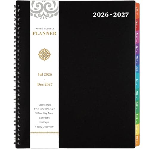Monthly Planner 2026-2027 - JUL 2026 - DEC 2027 Planner/Calendar,18 Monthly Planner with Contacts & Passwords, 8.5" x 11" Planners 2026-2027, Colorful Tabs, Thick Paper, Black