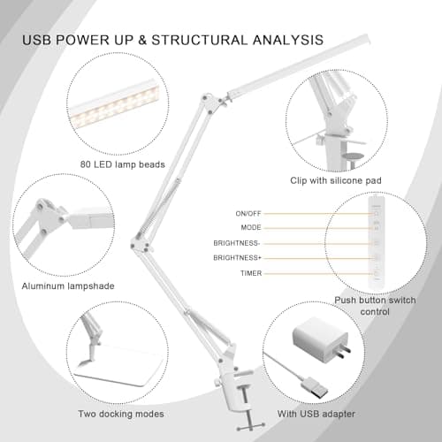 TROPICALTREE LED Desk Lamp for Home Office and Round Base, Clamp-On with 5 Light Modes & Auto Shut Off | 14W Adjustable Brightness 5000K Eye-Caring Lighting for Study/Bedroom/Computer Desk | White 5