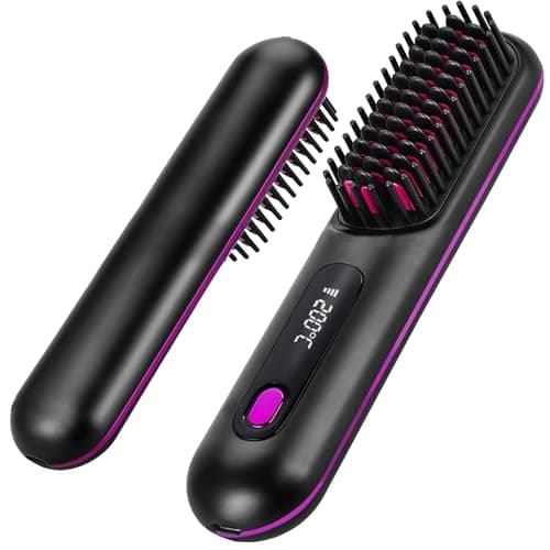 Numoya Go Brush Pro - Cordless Hair Straightener Brush Portable Comb for Travel, USB Charging, Fast Heating, with LCD Display (Black)