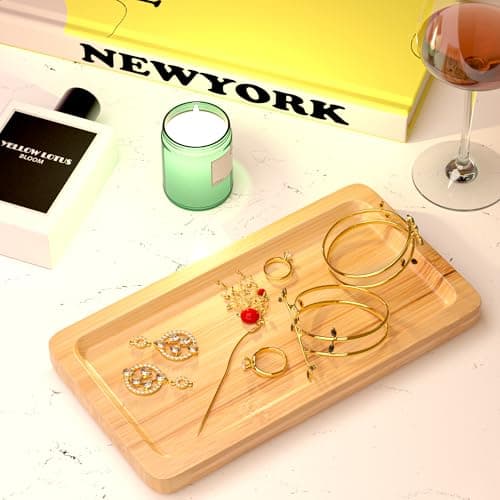 Small Bamboo Tray for Bathroom Countertop - Natural Wooden Bathroom Counter Tray Decor, Spa Skincare Make up Trays for Vanity or Dresser Tops, Neutral Home Decor Aesthetic, Soap Dish, 9 inch 5