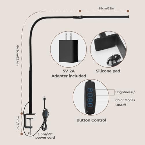 LIBORA Led Desk Lamp for Home Office, Eye-Caring Desk Light with Clamp, Clip on Light for Reading, 3 Modes 10 Brightness, Flexible Goose-Neck, Memory Function, Study, Work, Draw, Black 6