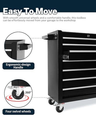 7-Drawer Rolling Tool Chest, Modular Tool Cabinet with Brake Casters & Removable Drawers, Workshop Toolbox Cart for Factory/Garage, Black 5