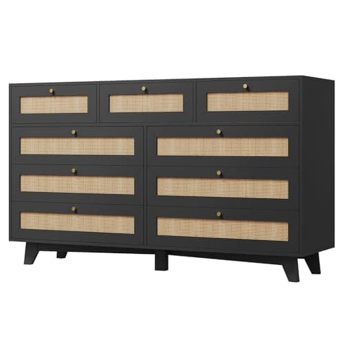 AOGLLATI Black Rattan Dresser for Bedroom with 9 Drawer, Modern Double Wooden Long Bedroom Dresser, Chest of Drawers with Metal Handle & Solid Wood Legs for Bedroom/Living Room, Black 7