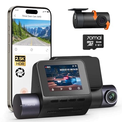 70mai Dash Cam Front and Rear - 2.5K+1080P Dual Dash Camera with HDR, Super Night Vision, F1.55 Aperture, 24H Parking Mode, Built-in Wi-Fi & GPS, G-Sensor, Loop Recording, 64GB Card Included (A410)
