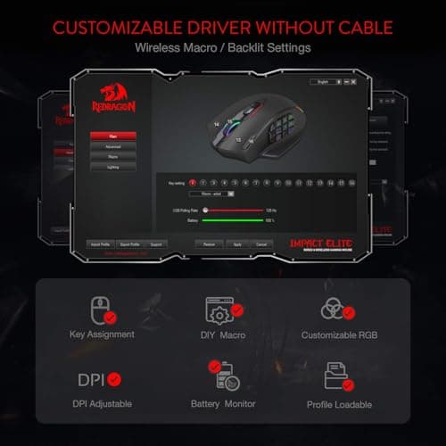 Redragon M913 Impact Elite Wireless Gaming Mouse, 16000 DPI Wired/Wireless RGB Mouse with 16 Programmable Buttons, 45 Hr Battery and Pro Optical Sensor, 12 Side Buttons MMO Mouse 6