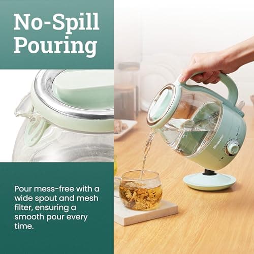 Elite Gourmet 1.2L Electric Glass Kettle, 1200W Fast Boil, Adjustable Temperature Control & Keep Warm, BPA-Free Borosilicate Glass, Auto Shut-Off & Boil-Dry Protection, 360° Cordless Base, Mint 7