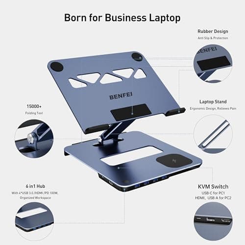 BENFEI Laptop Stand with USB C 6in1 Docking Station, 15W Magnetic Wireless Charger, USB 3.0 KVM Switch, HDMI 4K@60Hz, 4*USB3.0, 100 PD Compatible with MacBook Pro/Air, iPad Pro, XPS, Thinkpad 8