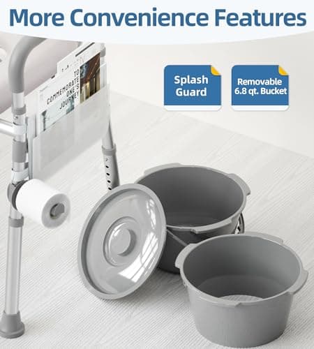 HOMLAND Bedside Commode with Padded Seat and Backrest, Aluminum Commode Toilet with Bucket, Easy Cleaning Portable Toilet for Adults and Seniors, 350 lb Capacity Enhanced Crossbar 6