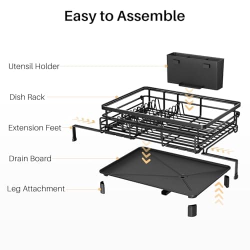 SNTD Dish Drying Rack - Extendable Dish Rack, Large Sink Drying Dish Drainer for Kitchen Counter, Stainless Steel Dish Strainer with Utensil Holder (Black) 8